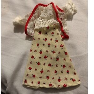Vintage Barbie Doll Dress Miniature Floral Lace Red Trim Yellow Rose Pattern